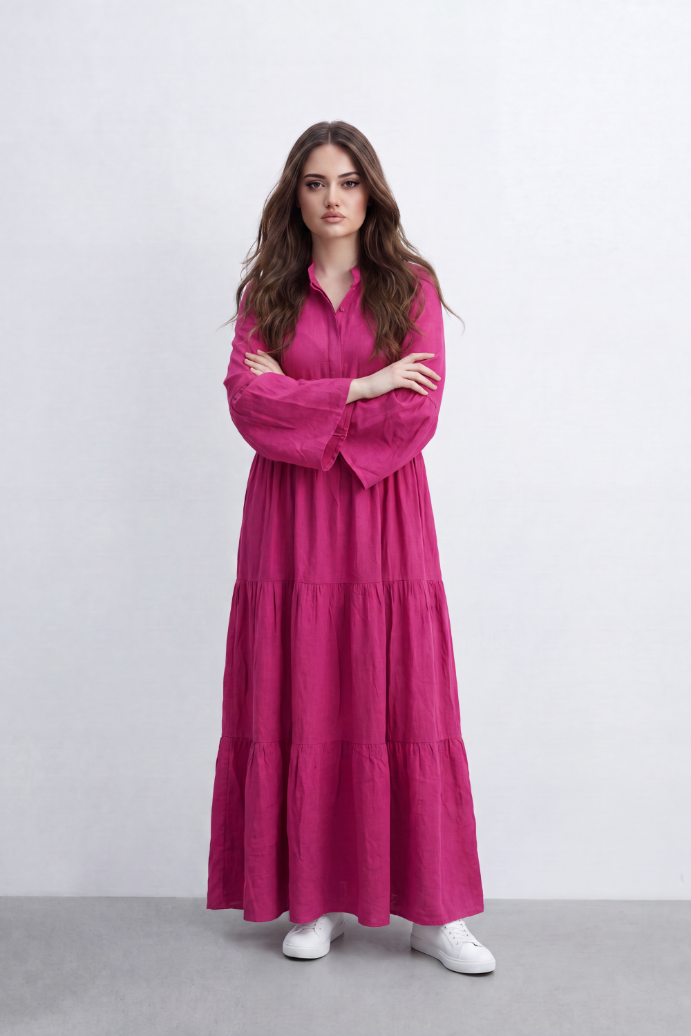 Women’s Tomato Store Crinkled Slub Dress Texture Across A Plain Surface Button Front Detail Gathered Waist Tiered Flowing