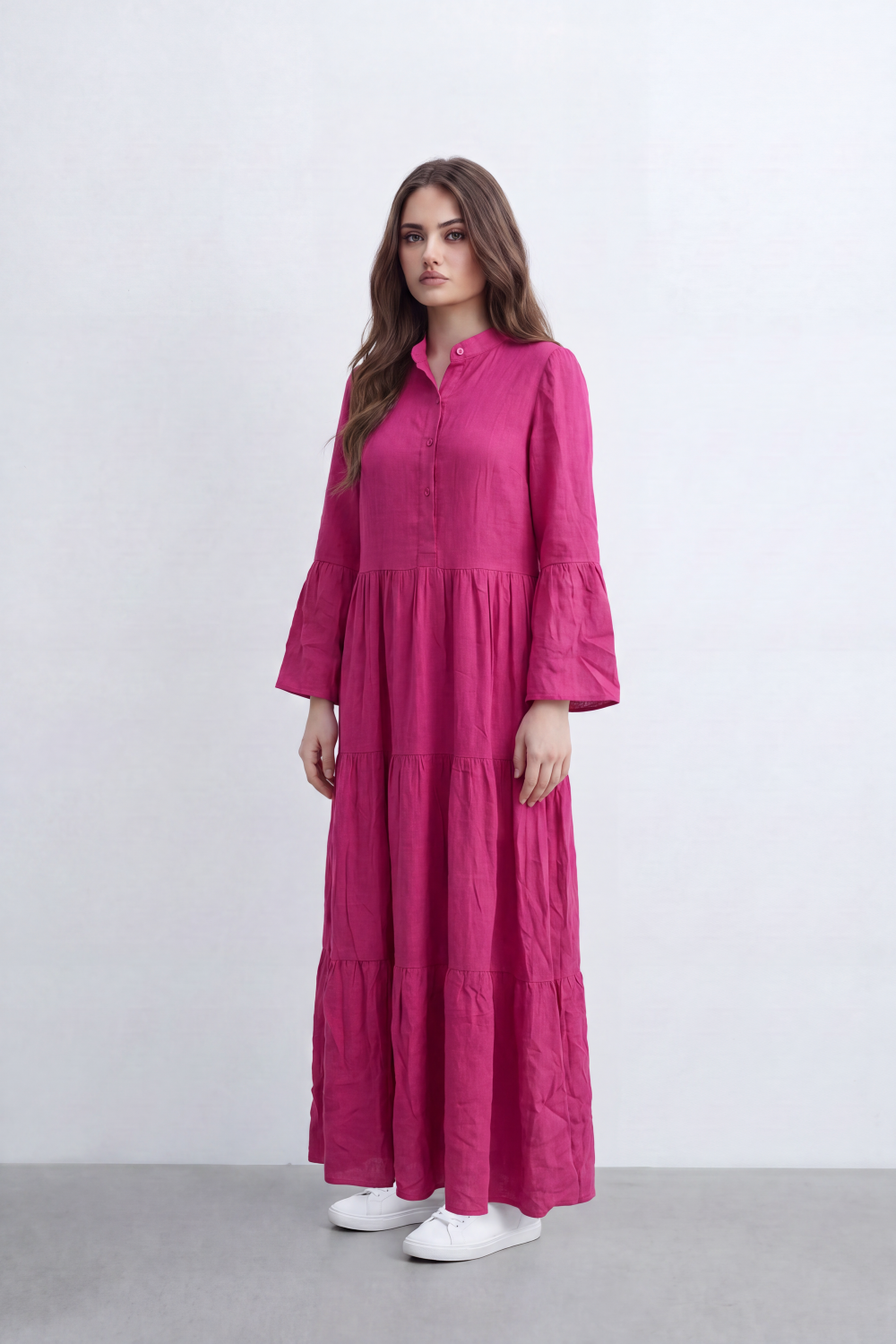 Women’s Tomato Store Crinkled Slub Dress Texture Across A Plain Surface Button Front Detail Gathered Waist Tiered Flowing