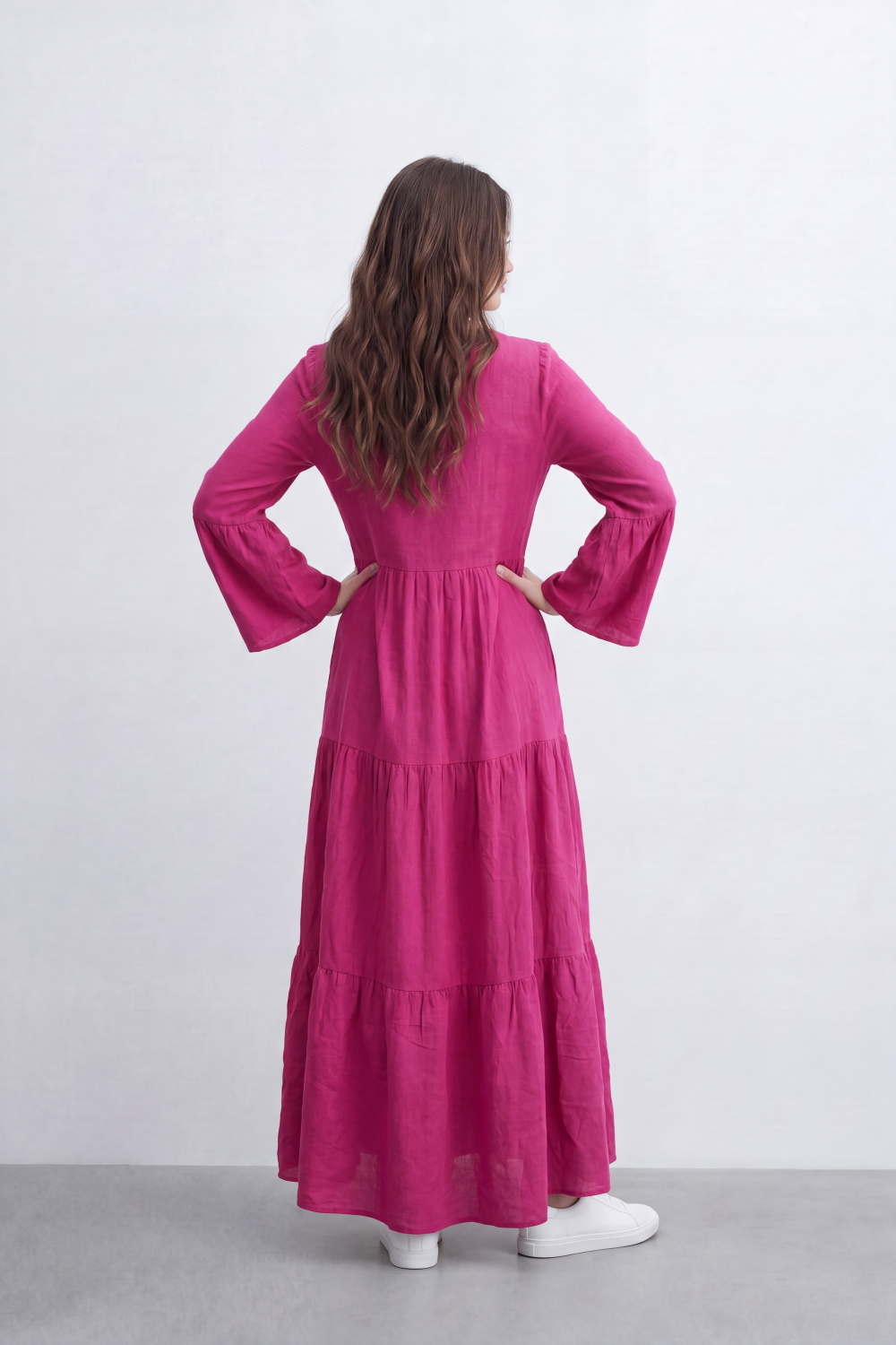 Women’s Tomato Store Crinkled Slub Dress Texture Across A Plain Surface Button Front Detail Gathered Waist Tiered Flowing