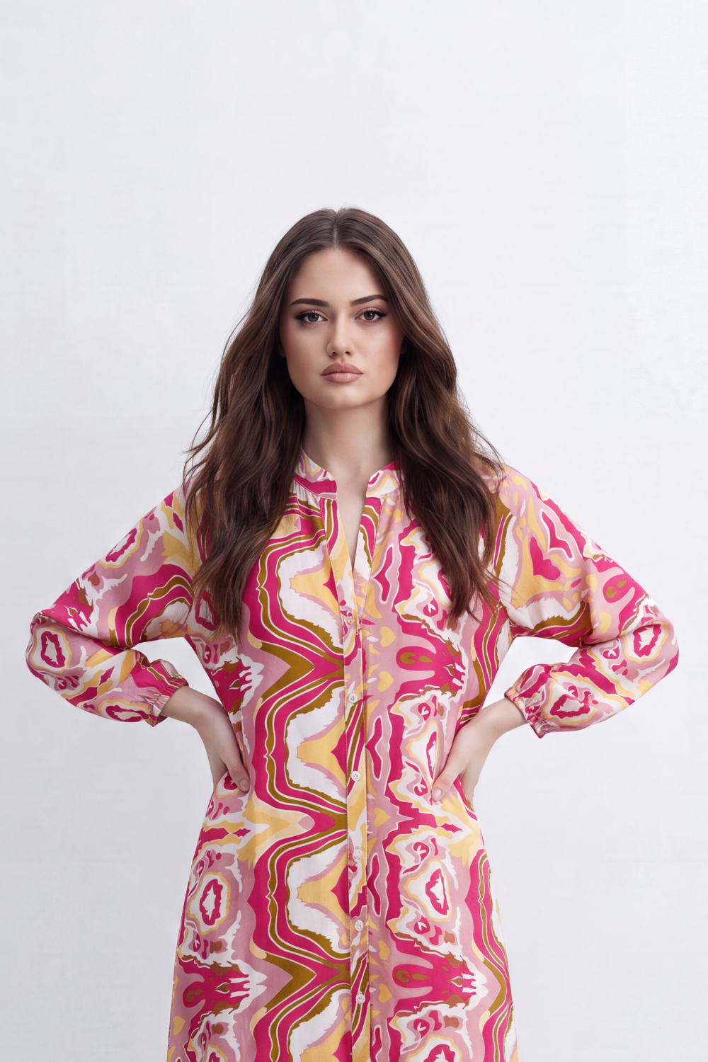 Women’s Tomato Store Kaleido Flow Maxi Dress Allover Mirrored Abstract Print Creates Bold Resort Look