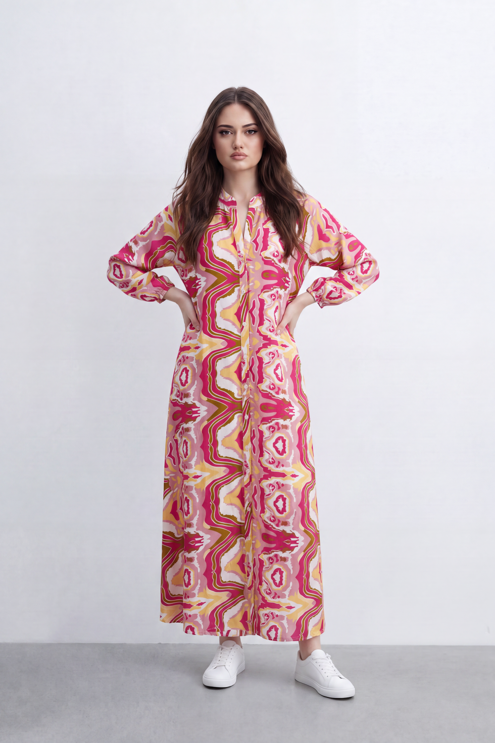 Women’s Tomato Store Kaleido Flow Maxi Dress Allover Mirrored Abstract Print Creates Bold Resort Look
