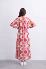 Women’s Tomato Store Kaleido Flow Maxi Dress Allover Mirrored Abstract Print Creates Bold Resort Look