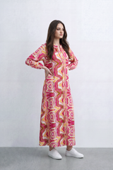 Women’s Tomato Store Kaleido Flow Maxi Dress Allover Mirrored Abstract Print Creates Bold Resort Look