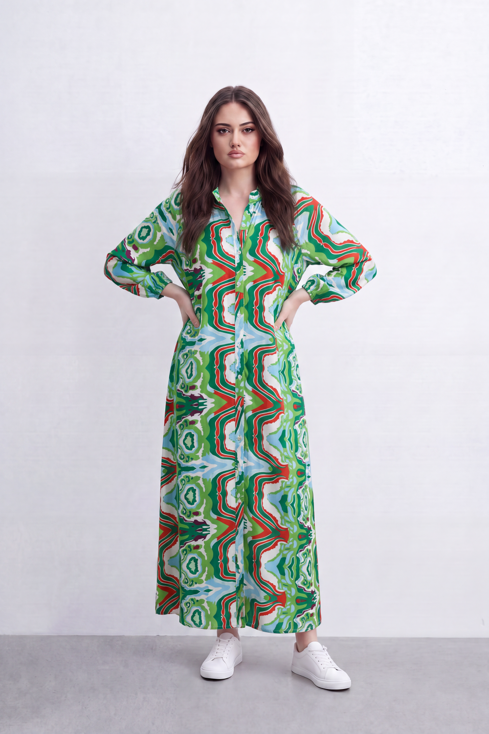 Women’s Tomato Store Kaleido Flow Maxi Dress Allover Mirrored Abstract Print Creates Bold Resort Look