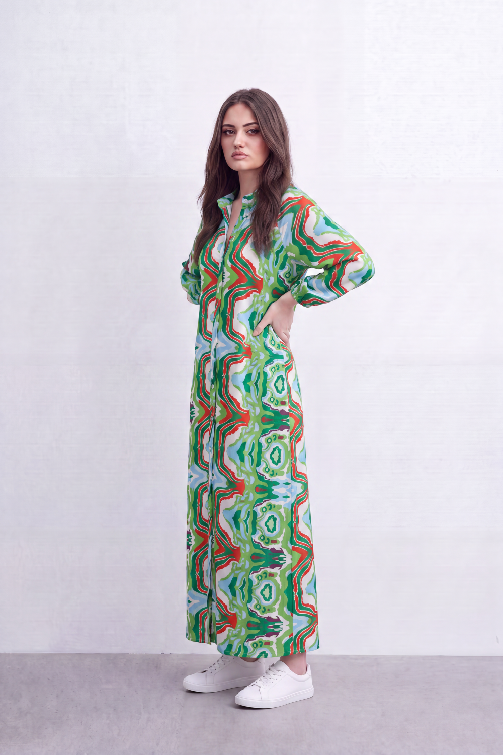 Women’s Tomato Store Kaleido Flow Maxi Dress Allover Mirrored Abstract Print Creates Bold Resort Look