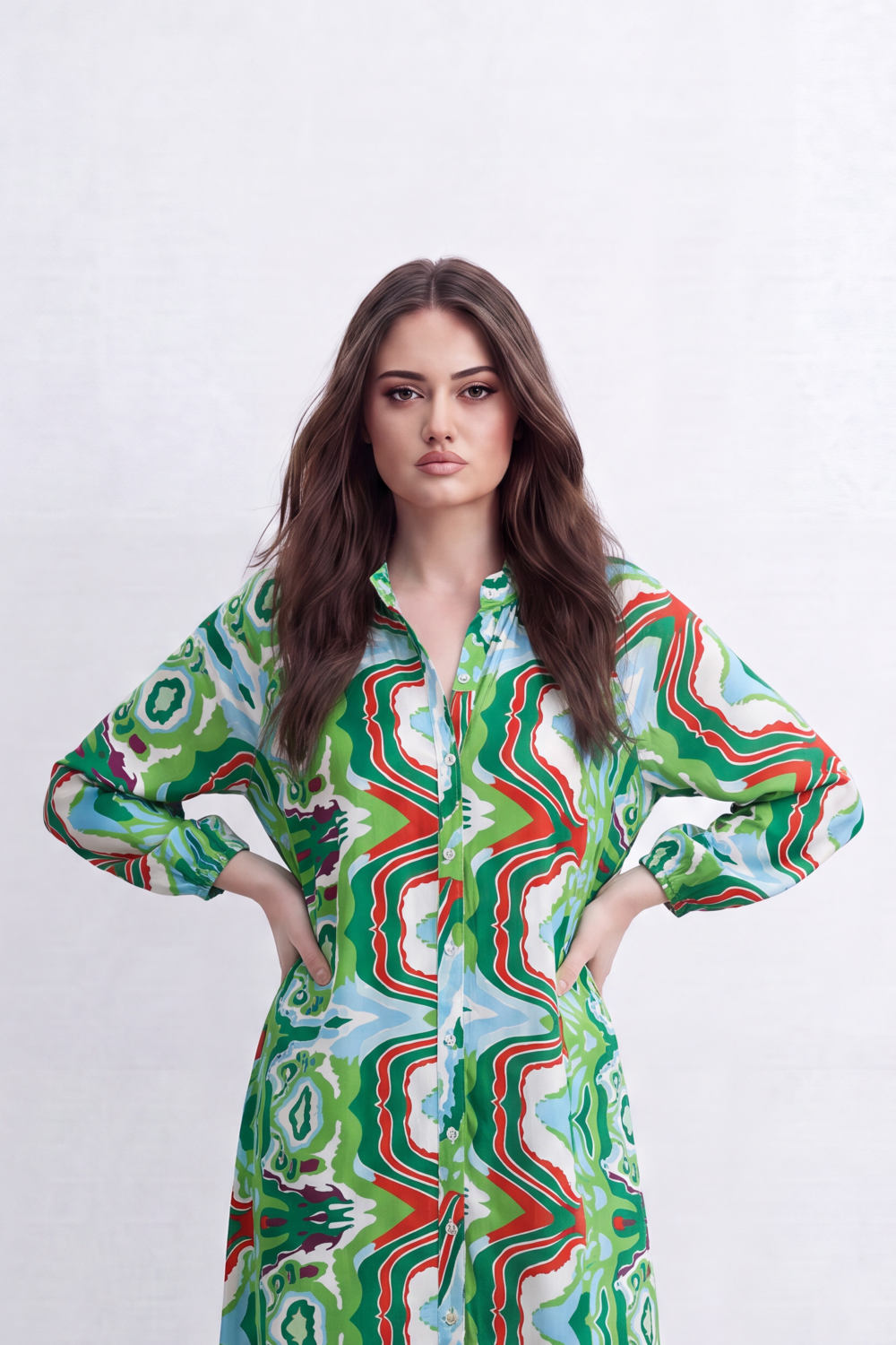 Women’s Tomato Store Kaleido Flow Maxi Dress Allover Mirrored Abstract Print Creates Bold Resort Look