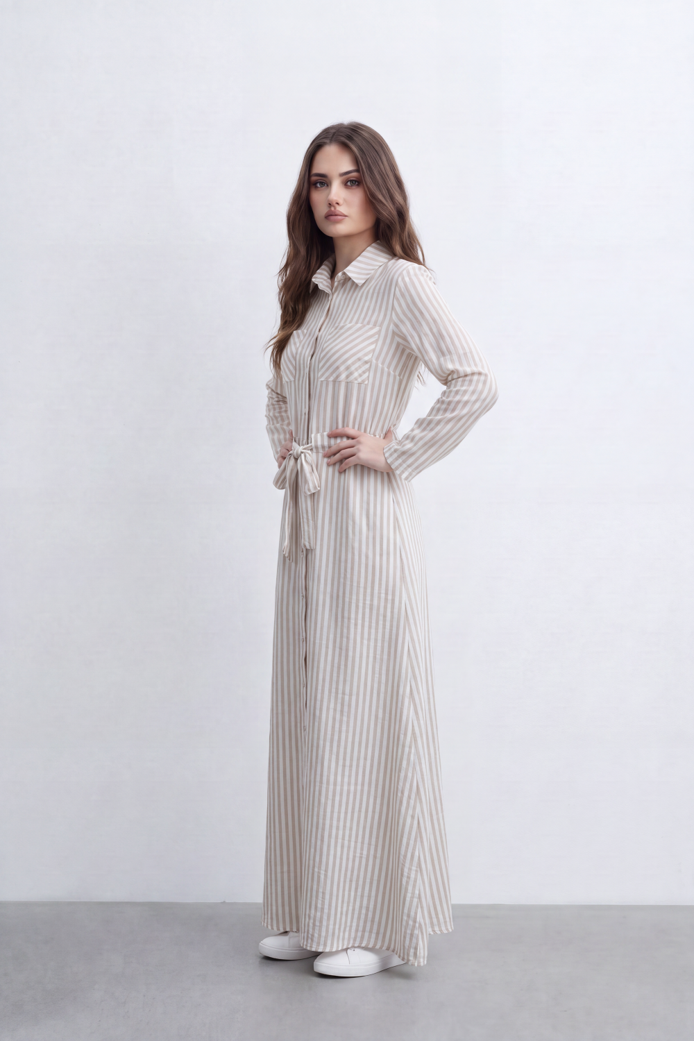 Women’s Tomato Store Linear Belted Shirt Dress Vertical Stripe Pattern Runs Full Length Over A Soft Crinkle