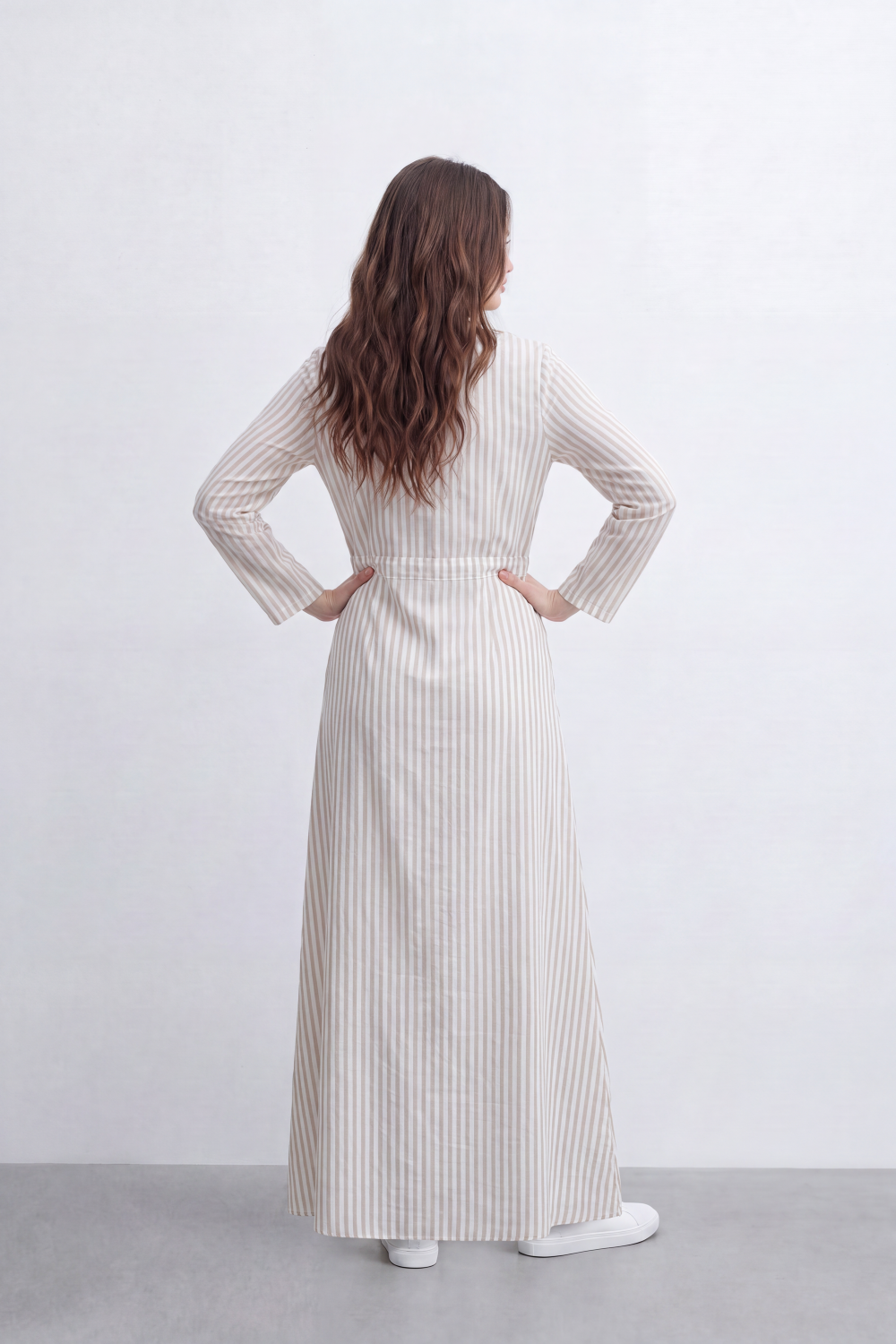 Women’s Tomato Store Linear Belted Shirt Dress Vertical Stripe Pattern Runs Full Length Over A Soft Crinkle