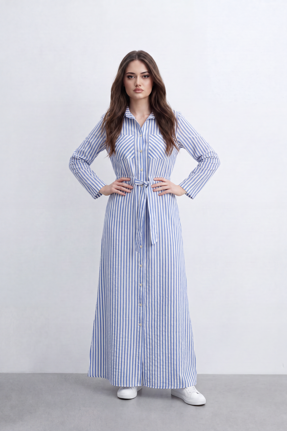 Women’s Tomato Store Linear Belted Shirt Dress Vertical Stripe Pattern Runs Full Length Over A Soft Crinkle