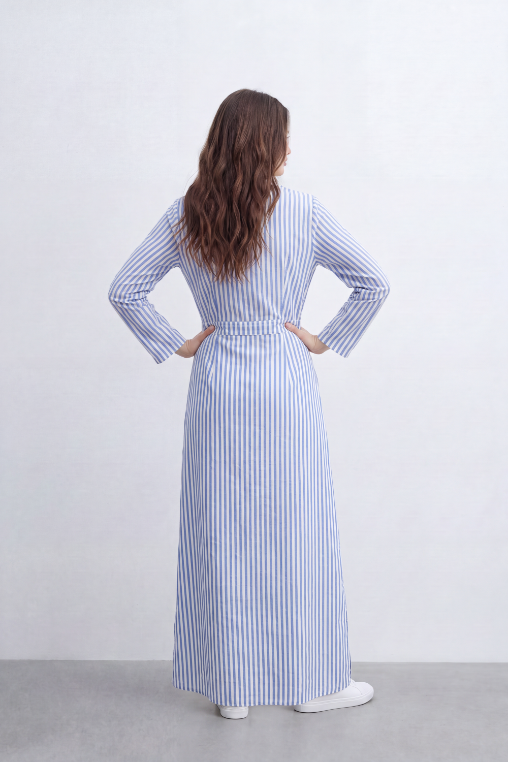 Women’s Tomato Store Linear Belted Shirt Dress Vertical Stripe Pattern Runs Full Length Over A Soft Crinkle