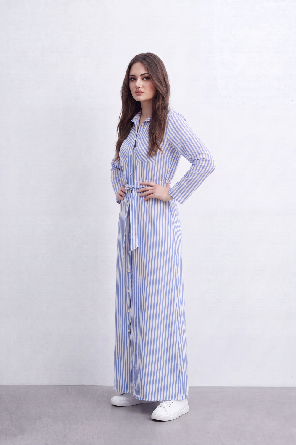 Women’s Tomato Store Linear Belted Shirt Dress Vertical Stripe Pattern Runs Full Length Over A Soft Crinkle