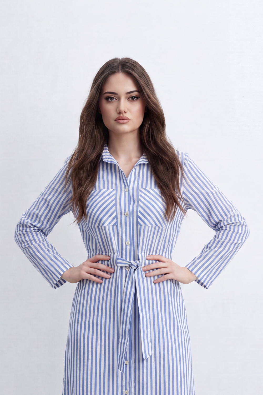 Women’s Tomato Store Linear Belted Shirt Dress Vertical Stripe Pattern Runs Full Length Over A Soft Crinkle