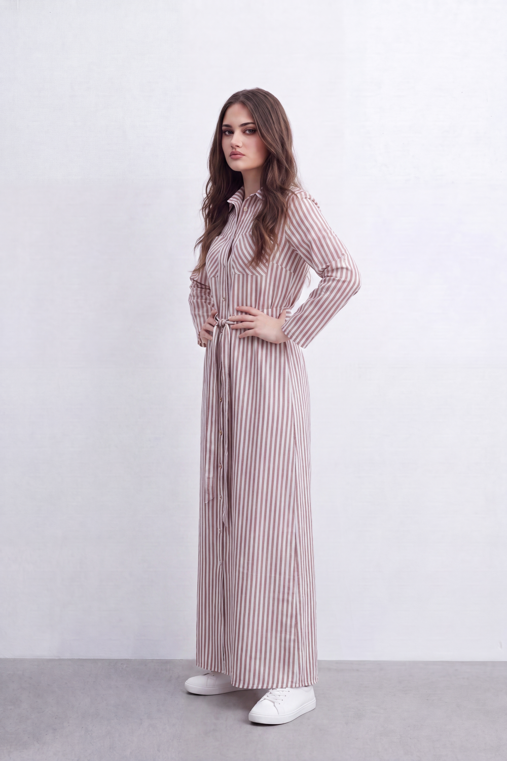 Women’s Tomato Store Linear Belted Shirt Dress Vertical Stripe Pattern Runs Full Length Over A Soft Crinkle