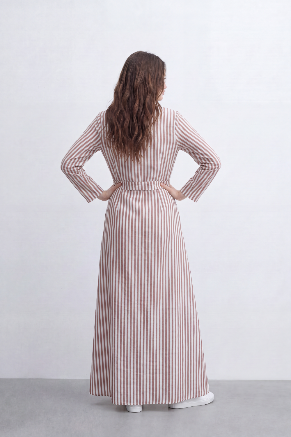 Women’s Tomato Store Linear Belted Shirt Dress Vertical Stripe Pattern Runs Full Length Over A Soft Crinkle