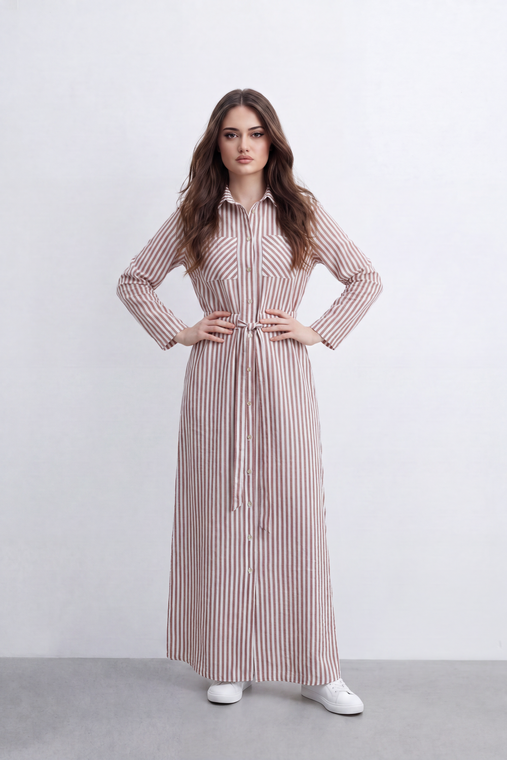 Women’s Tomato Store Linear Belted Shirt Dress Vertical Stripe Pattern Runs Full Length Over A Soft Crinkle