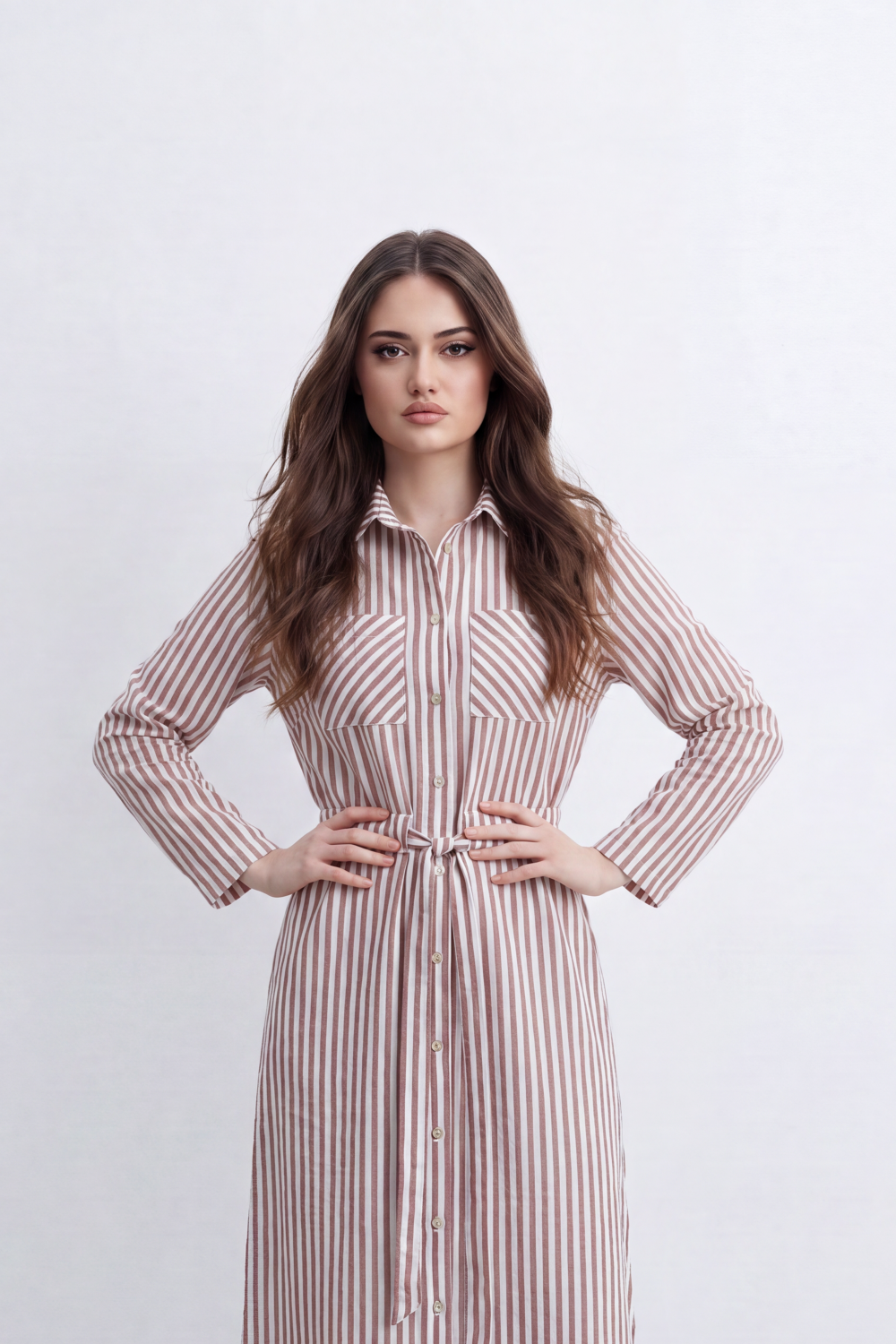 Women’s Tomato Store Linear Belted Shirt Dress Vertical Stripe Pattern Runs Full Length Over A Soft Crinkle