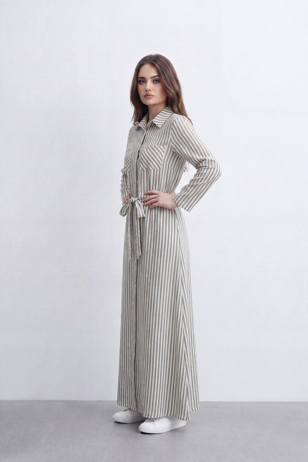 Women’s Tomato Store Linear Belted Shirt Dress Vertical Stripe Pattern Runs Full Length Over A Soft Crinkle