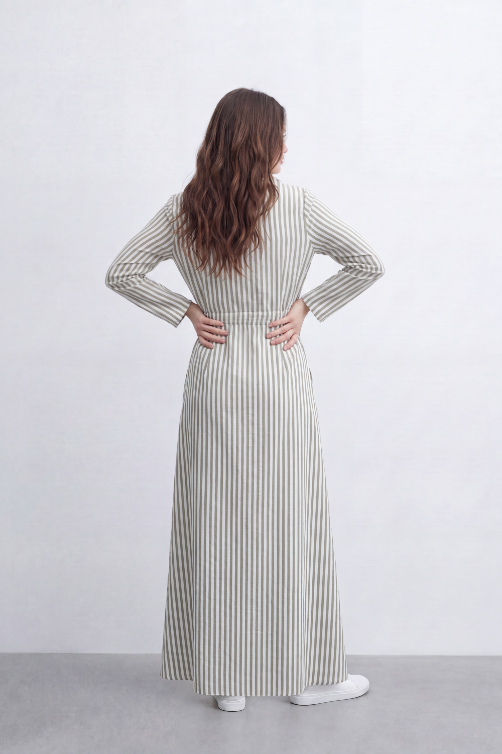 Women’s Tomato Store Linear Belted Shirt Dress Vertical Stripe Pattern Runs Full Length Over A Soft Crinkle