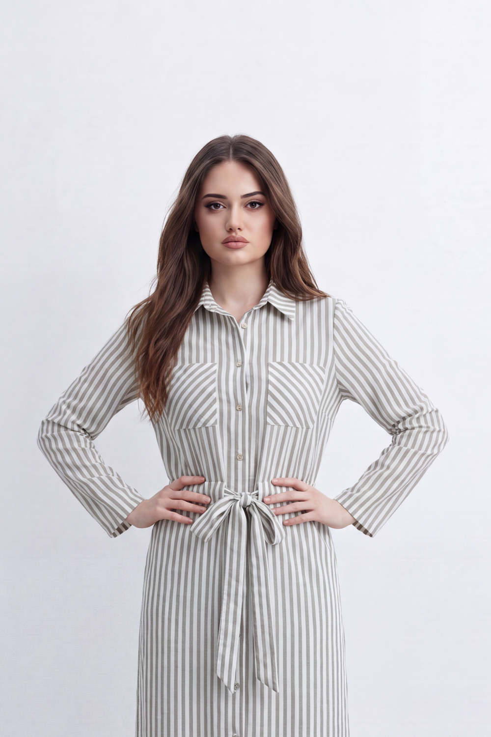 Women’s Tomato Store Linear Belted Shirt Dress Vertical Stripe Pattern Runs Full Length Over A Soft Crinkle