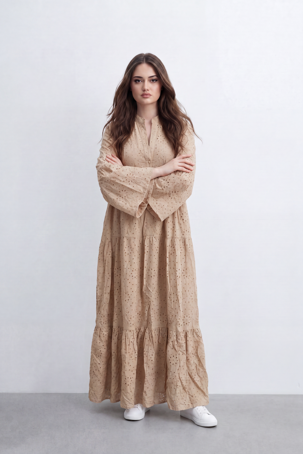 Women’s Tomato Store Eyelet Tiered Maxi Dress Crinkled Surface With Allover Cutwork Dot Embroidery Button Front Detail