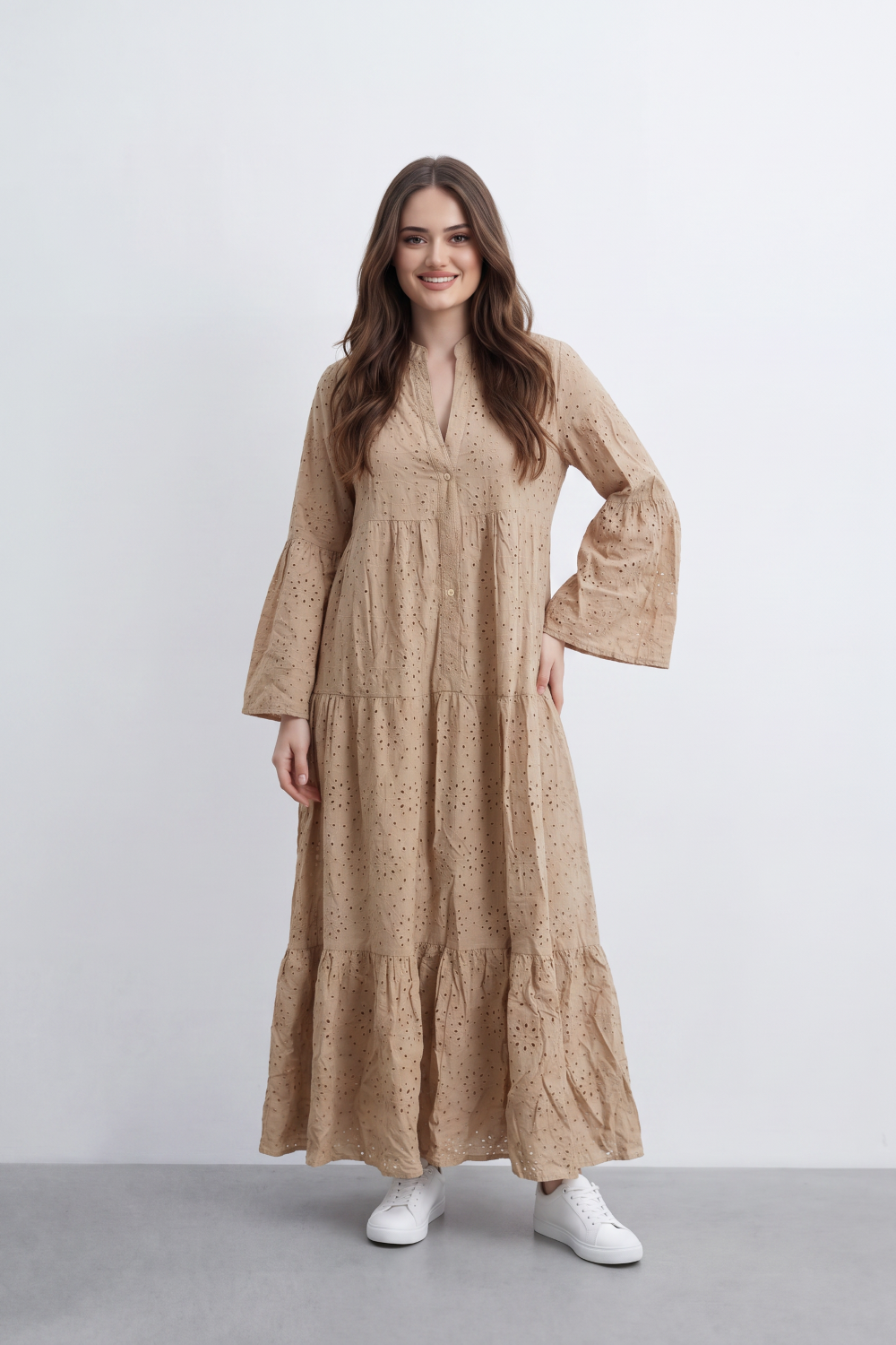 Women’s Tomato Store Eyelet Tiered Maxi Dress Crinkled Surface With Allover Cutwork Dot Embroidery Button Front Detail
