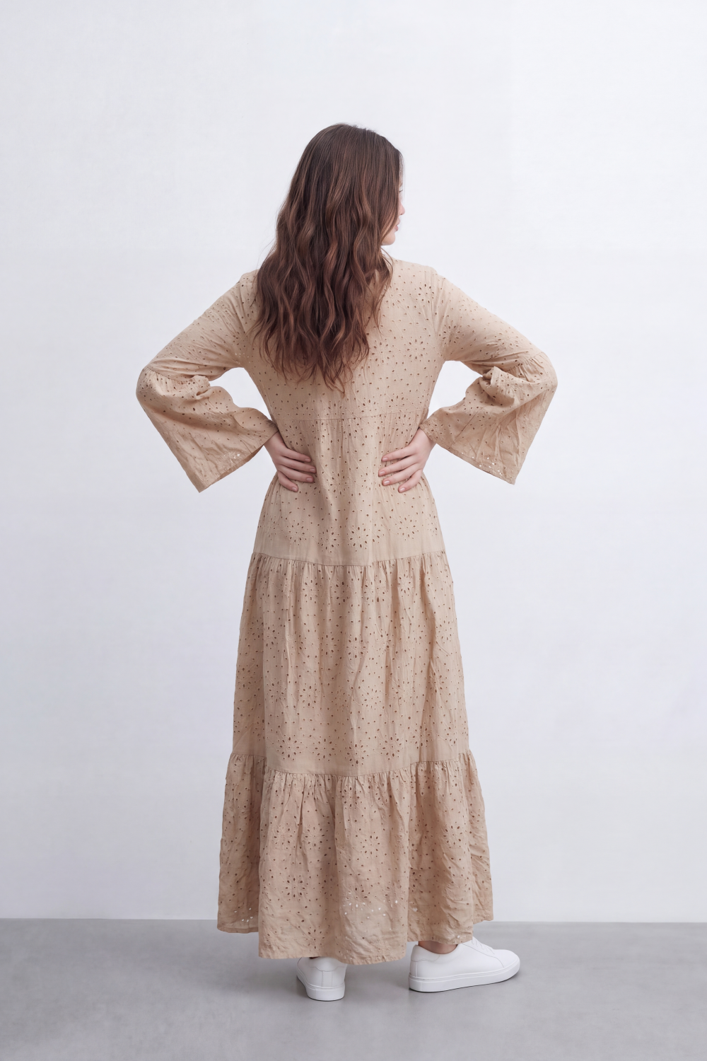 Women’s Tomato Store Eyelet Tiered Maxi Dress Crinkled Surface With Allover Cutwork Dot Embroidery Button Front Detail