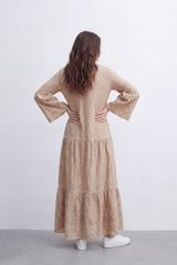 Women’s Tomato Store Eyelet Tiered Maxi Dress Crinkled Surface With Allover Cutwork Dot Embroidery Button Front Detail