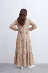 Women’s Tomato Store Eyelet Tiered Maxi Dress Crinkled Surface With Allover Cutwork Dot Embroidery Button Front Detail