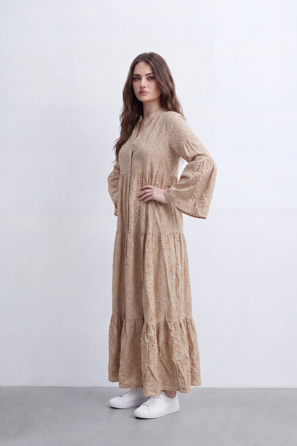 Women’s Tomato Store Eyelet Tiered Maxi Dress Crinkled Surface With Allover Cutwork Dot Embroidery Button Front Detail