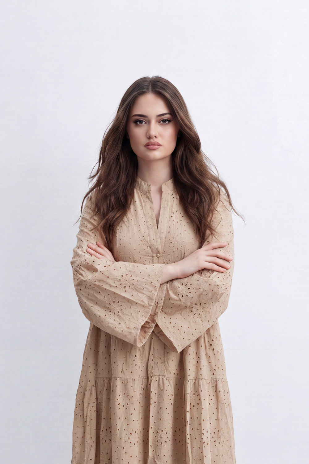 Women’s Tomato Store Eyelet Tiered Maxi Dress Crinkled Surface With Allover Cutwork Dot Embroidery Button Front Detail