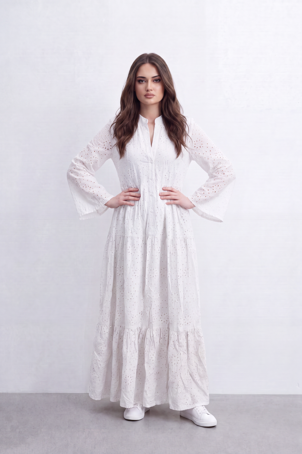 Women’s Tomato Store Eyelet Tiered Maxi Dress Crinkled Surface With Allover Cutwork Dot Embroidery Button Front Detail