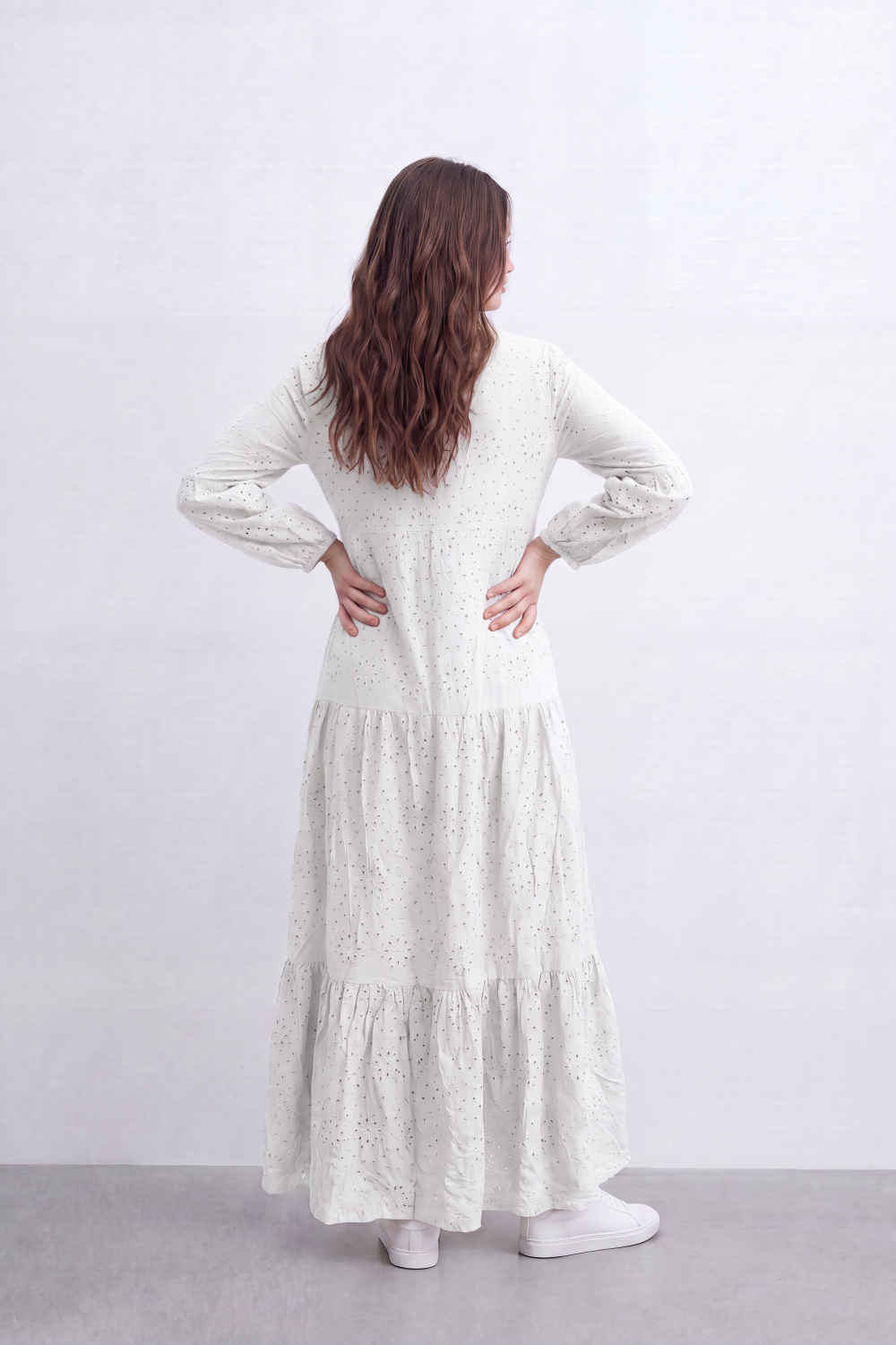 Women’s Tomato Store Eyelet Tiered Maxi Dress Crinkled Surface With Allover Cutwork Dot Embroidery Button Front Detail
