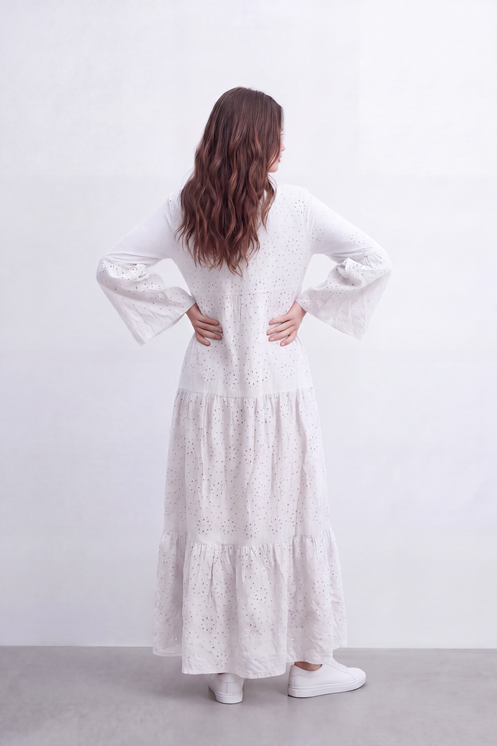 Women’s Tomato Store Eyelet Tiered Maxi Dress Crinkled Surface With Allover Cutwork Dot Embroidery Button Front Detail