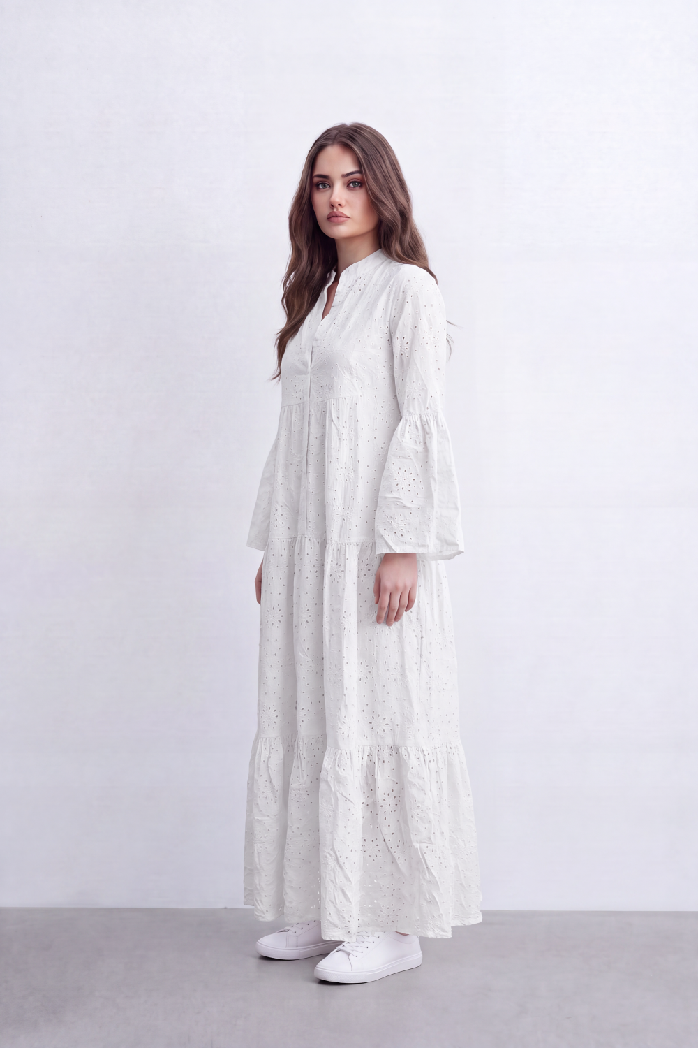 Women’s Tomato Store Eyelet Tiered Maxi Dress Crinkled Surface With Allover Cutwork Dot Embroidery Button Front Detail
