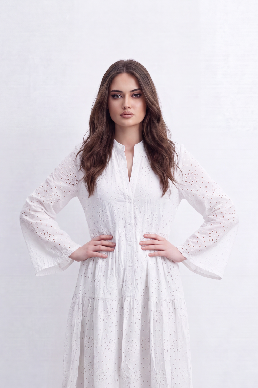 Women’s Tomato Store Eyelet Tiered Maxi Dress Crinkled Surface With Allover Cutwork Dot Embroidery Button Front Detail