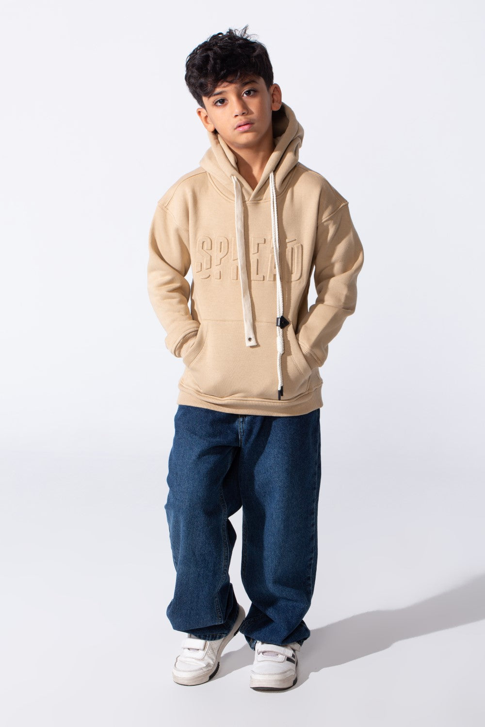 Boy's Embossed Hooded Tomato Store Sweatshirt Kangaroo Pocket Oversized Melton Fabric