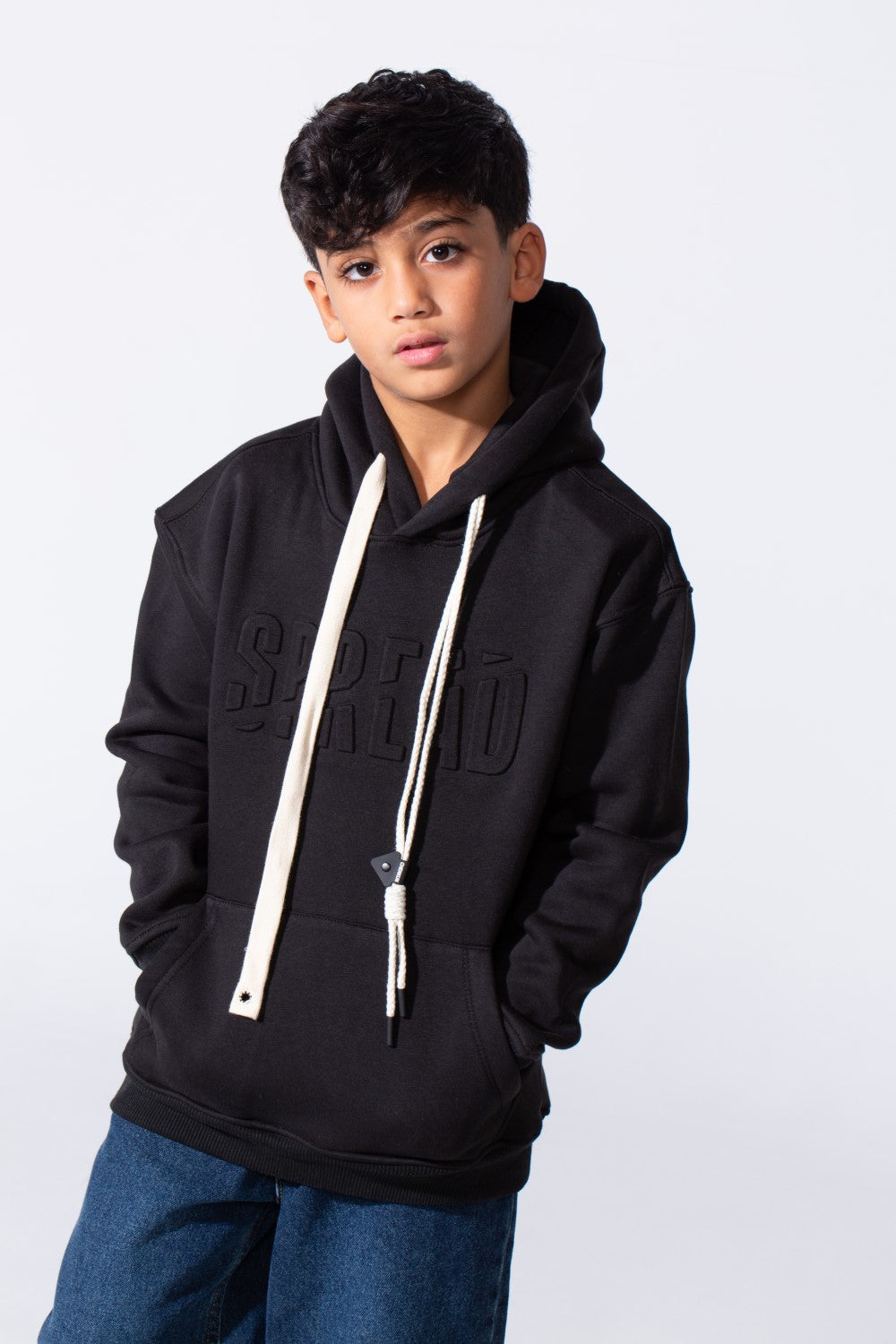 Boy's Embossed Hooded Tomato Store Sweatshirt Kangaroo Pocket Oversized Melton Fabric