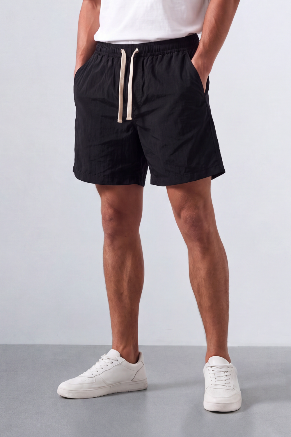 Men’s Tomato Store Shoreline Pull On Shorts Light Crinkle Surface Elastic Waist Rope Drawcord Side Pockets Back Patch Pocket Eyelet Detail Regular Fit Waterproof Above Knee Shape