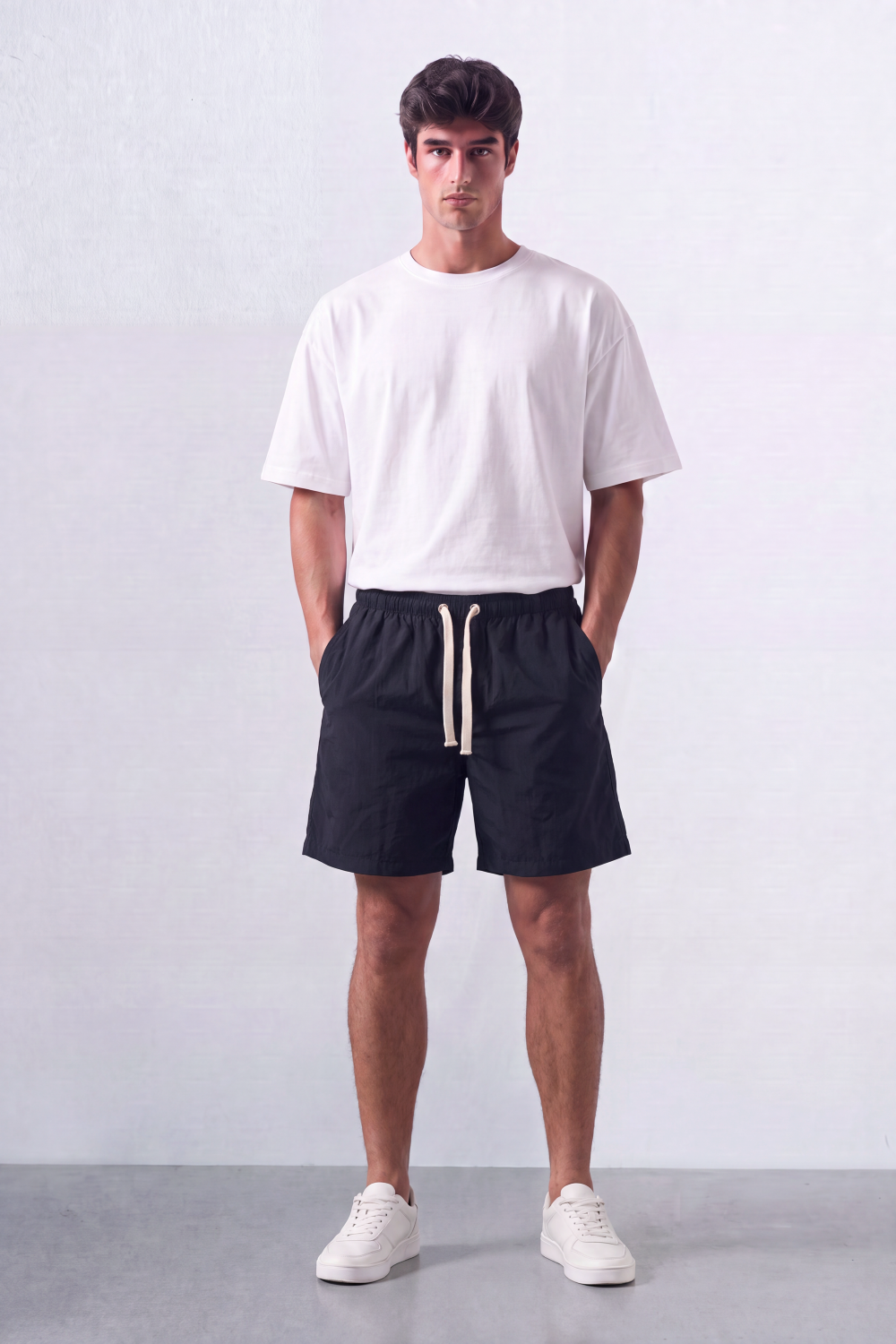 Men’s Tomato Store Shoreline Pull On Shorts Light Crinkle Surface Elastic Waist Rope Drawcord Side Pockets Back Patch Pocket Eyelet Detail Regular Fit Waterproof Above Knee Shape