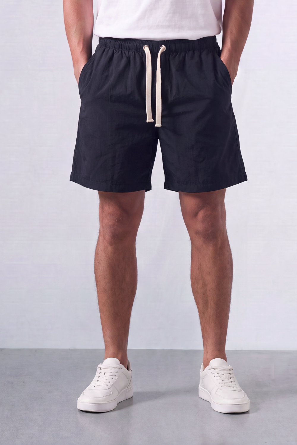 Men’s Tomato Store Shoreline Pull On Shorts Light Crinkle Surface Elastic Waist Rope Drawcord Side Pockets Back Patch Pocket Eyelet Detail Regular Fit Waterproof Above Knee Shape