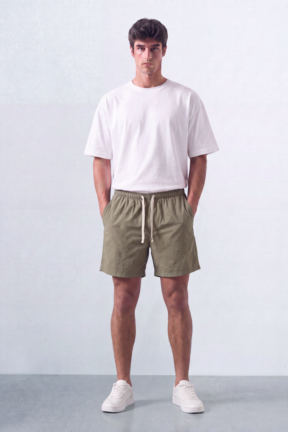 Men’s Tomato Store Shoreline Pull On Shorts Light Crinkle Surface Elastic Waist Rope Drawcord Side Pockets Back Patch Pocket Eyelet Detail Regular Fit Waterproof Above Knee Shape