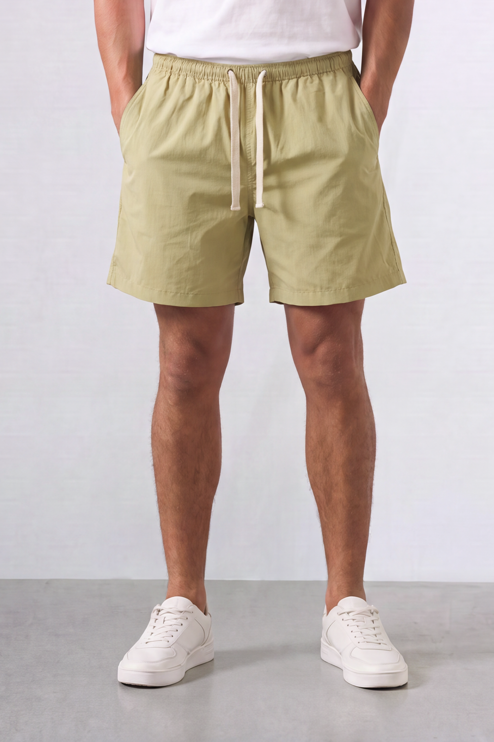 Men’s Tomato Store Shoreline Pull On Shorts Light Crinkle Surface Elastic Waist Rope Drawcord Side Pockets Back Patch Pocket Eyelet Detail Regular Fit Waterproof Above Knee Shape