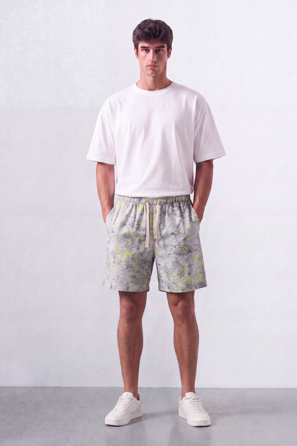 Men’s Tomato Store Acid Haze Shorts Cloud Wash Print Rope Drawcord Oversized Waterproof Side Pockets Back Eyelet Pocket Shape