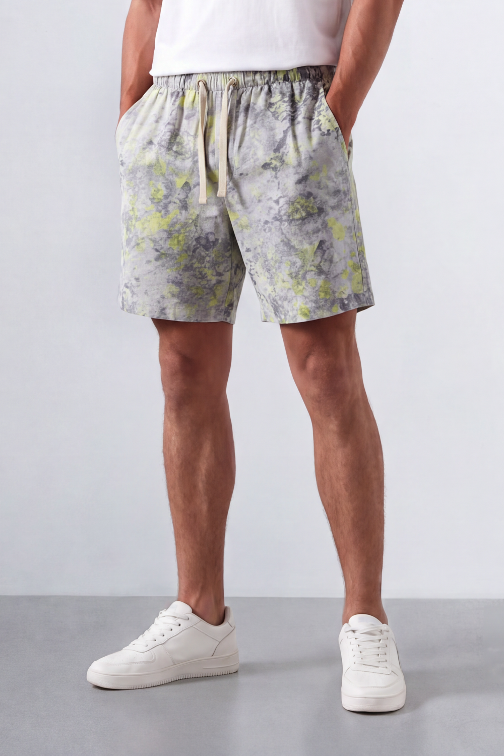 Men’s Tomato Store Acid Haze Shorts Cloud Wash Print Rope Drawcord Oversized Waterproof Side Pockets Back Eyelet Pocket Shape
