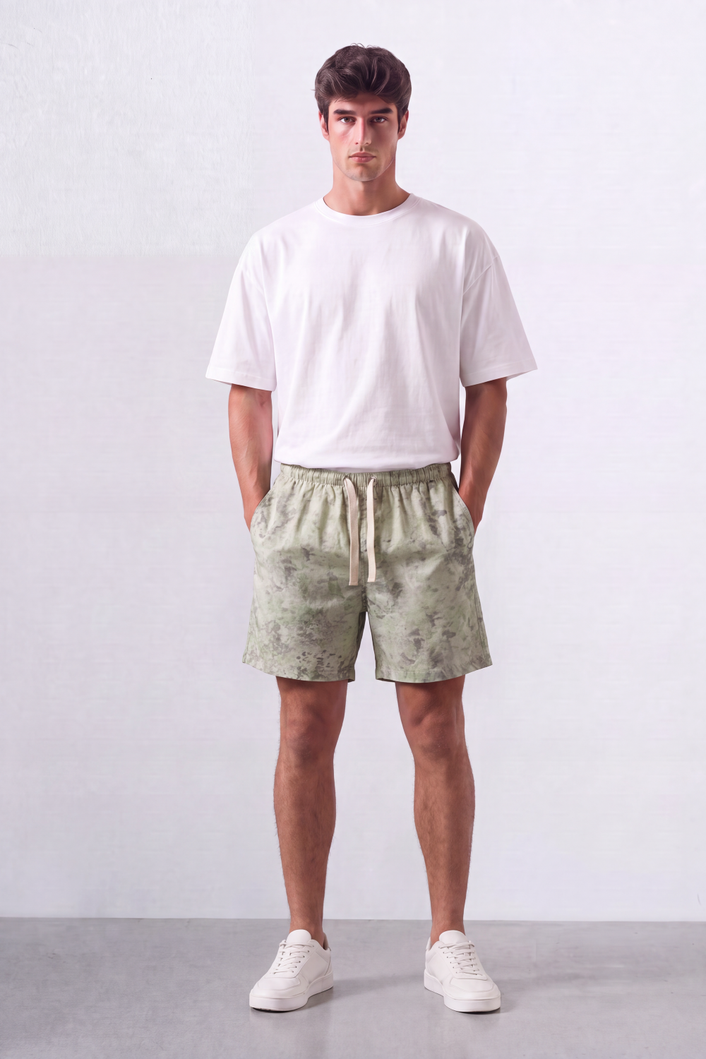 Men’s Tomato Store Acid Haze Shorts Cloud Wash Print Rope Drawcord Oversized Waterproof Side Pockets Back Eyelet Pocket Shape