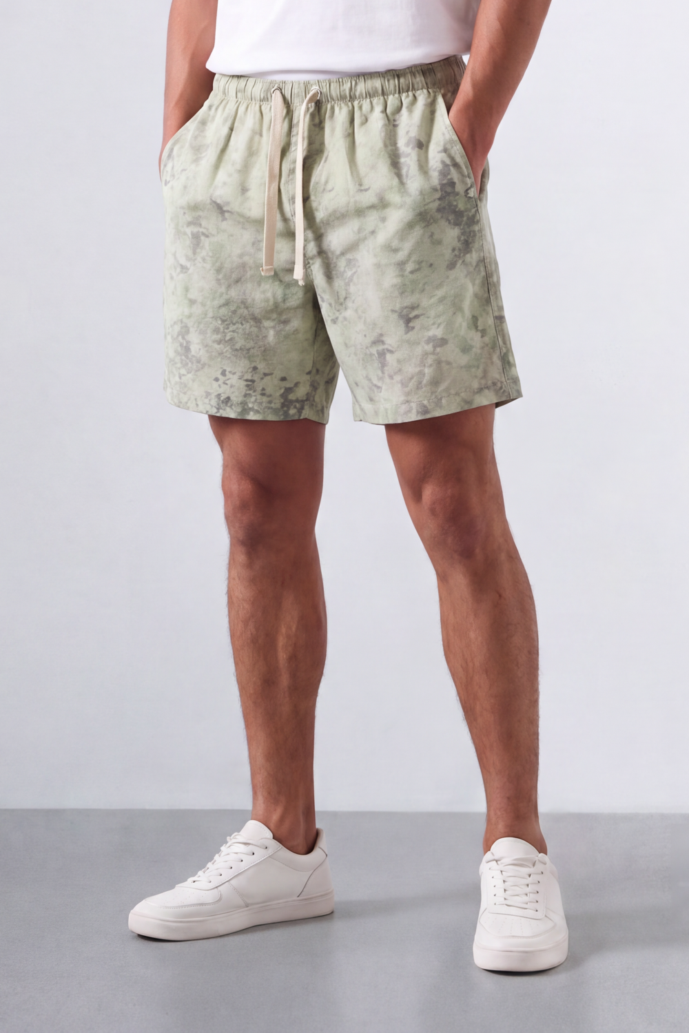 Men’s Tomato Store Acid Haze Shorts Cloud Wash Print Rope Drawcord Oversized Waterproof Side Pockets Back Eyelet Pocket Shape