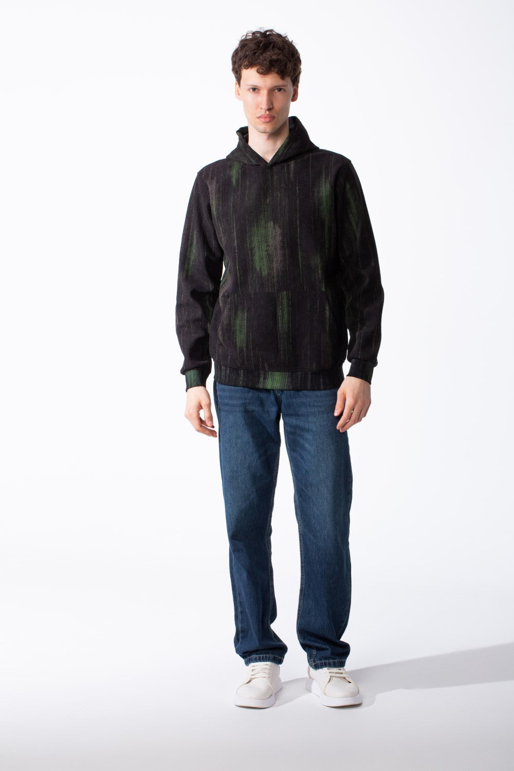 Men's Textured Waffle Knit All-Over Vertical Spray Dye Pattern Kangaroo Pocket Comfortable Slim Fit Sweatshirt