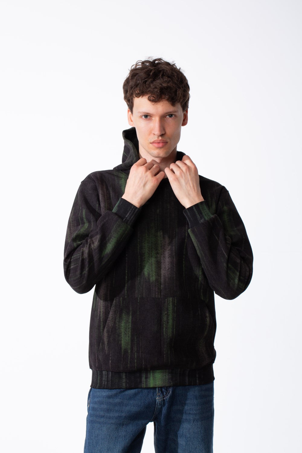 Men's Textured Waffle Knit All-Over Vertical Spray Dye Pattern Kangaroo Pocket Comfortable Slim Fit Sweatshirt