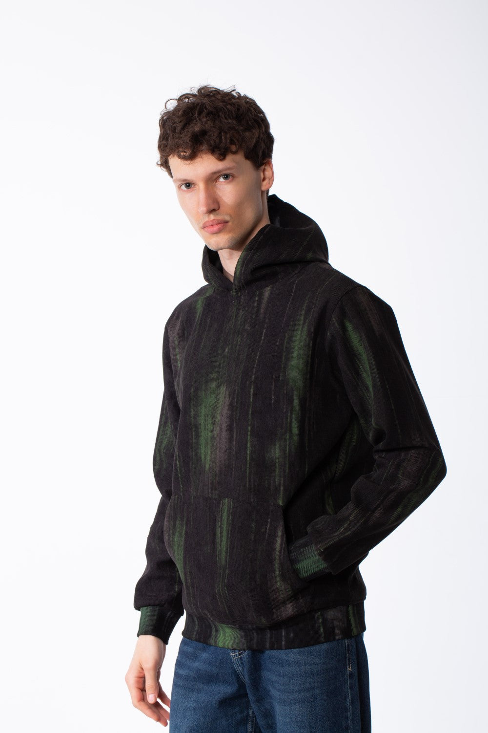 Men's Textured Waffle Knit All-Over Vertical Spray Dye Pattern Kangaroo Pocket Comfortable Slim Fit Sweatshirt