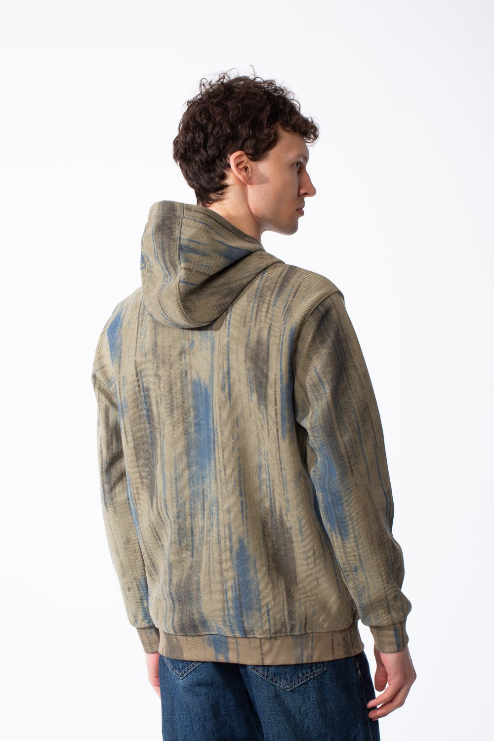 Men's Textured Waffle Knit All-Over Vertical Spray Dye Pattern Kangaroo Pocket Comfortable Slim Fit Sweatshirt